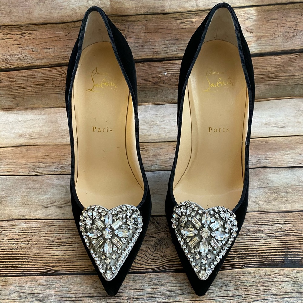 Christian Louboutin black suede and crystal hearts